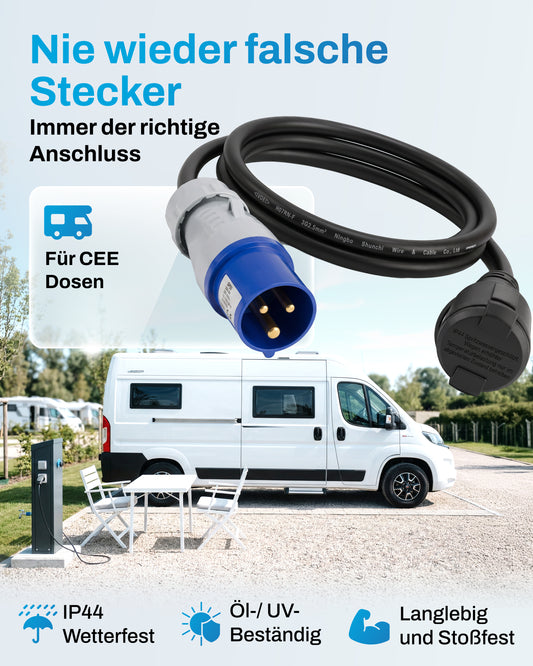 Camping Stromadapter CEE auf Schuko · 1,5m Kabel · IP44