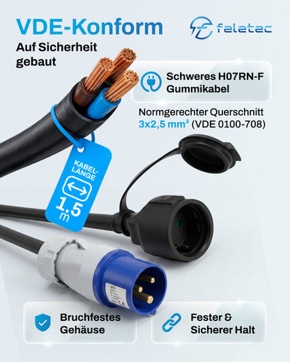 Camping Stromadapter CEE auf Schuko · 1,5m Kabel · IP44