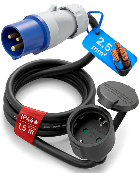 Camping Stromadapter CEE auf Schuko · 1,5m Kabel · IP44